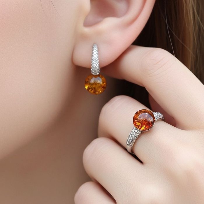 Новий шикарний срібний набір з натуральним бурштином, срібло 925 проба