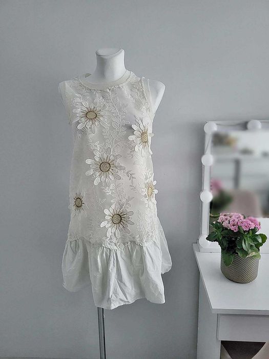 Biała transparentna sukienka tunika kwiaty 3D festiwal boho S M L
