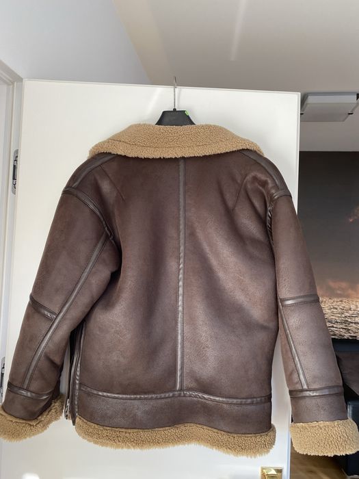 Zara brązowy kożuszek pilotka kurtka skórzana oversize z futerkiem