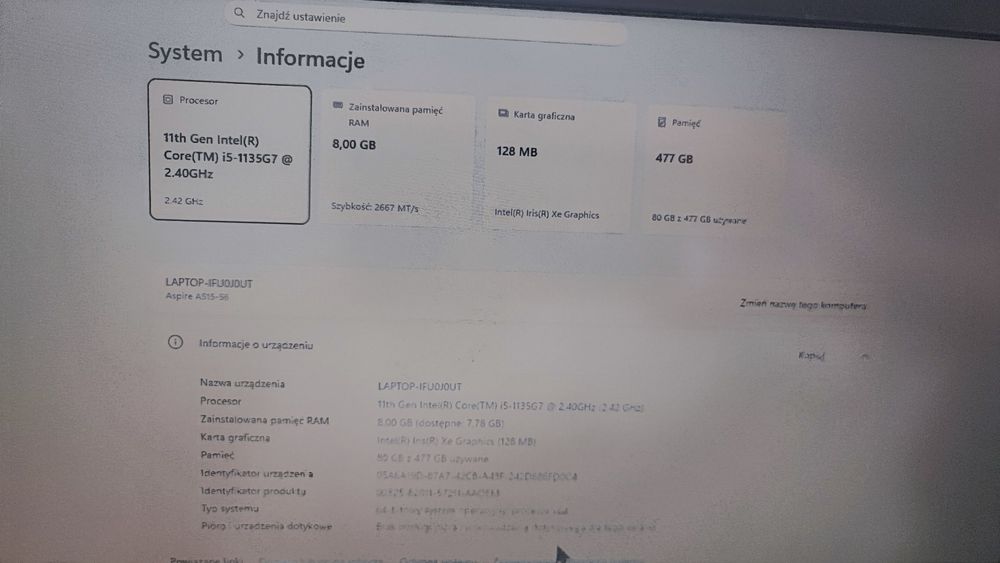 Laptop Acer aspire 5 11 generacja i5