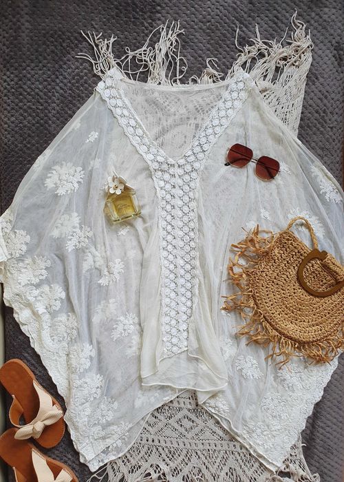 Przepiękne pareo poncho narzutka Boho ecru One size bawełna