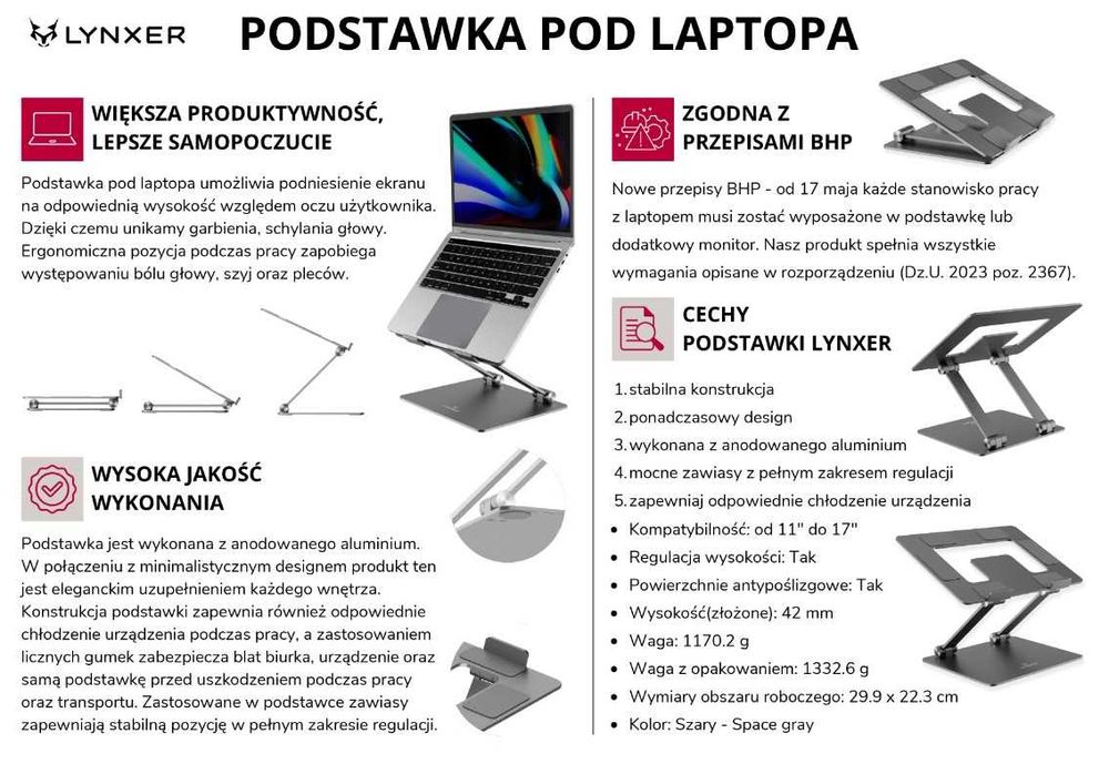 Podstawka pod laptopa BHP - LYNXER Kolor: Space Grey - ergonomiczna