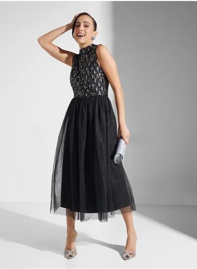 Вечірня сукня міді з відкритою спиною в паєтки lace and beads