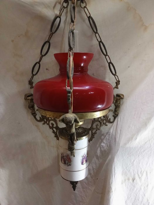 Candeeiro teto 3 hastes em bronze tubo de porcelana