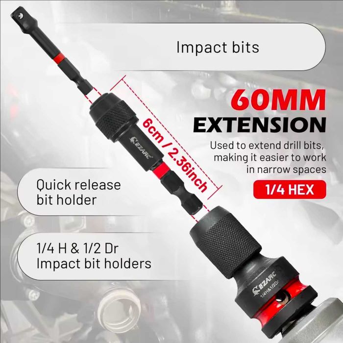 Zestaw adapterów udarowych EZARC 1/4", 3/8", 1/2" z szybką wymianą