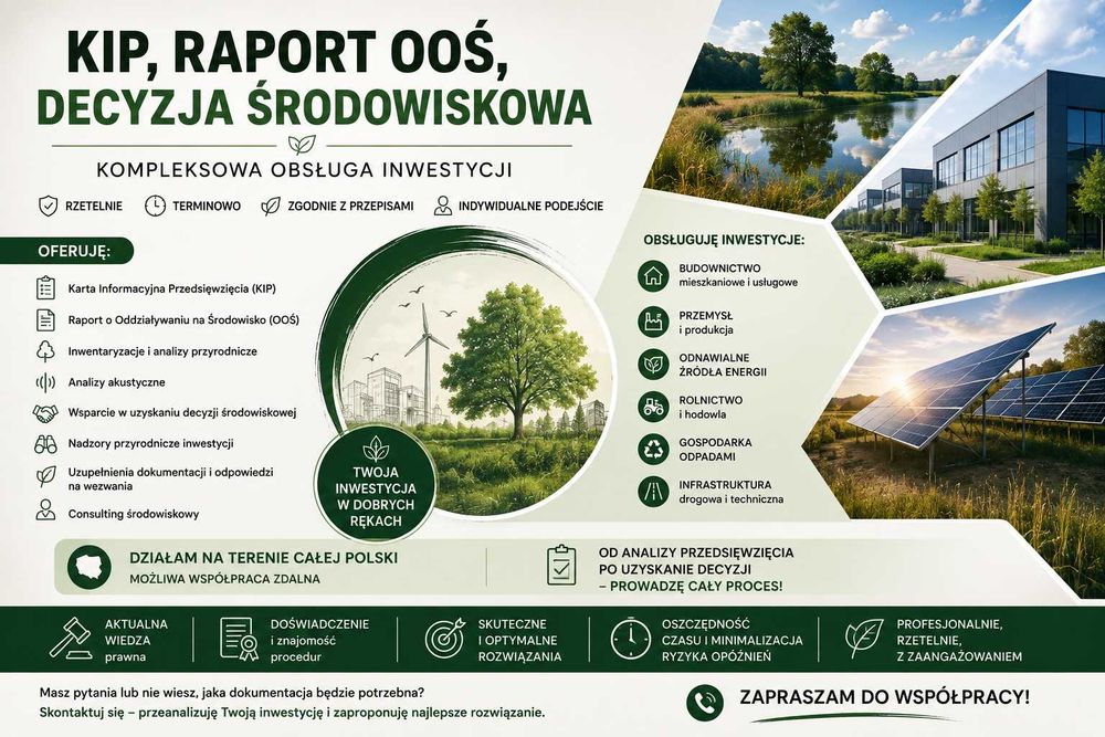 Decyzje środowiskowe, Karty KIP, Raporty oddziaływania na środowisko Kompleksowo, cała Polska