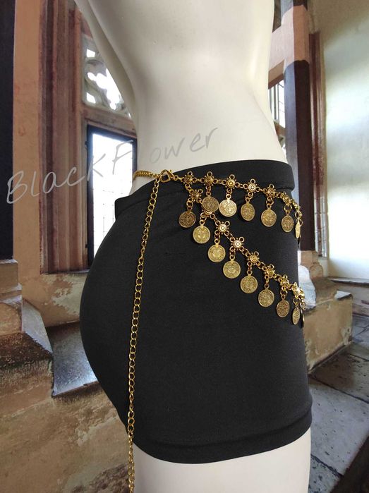 metalowy ozdobny pasek łańcuszek monetki boho hippie belly dande
