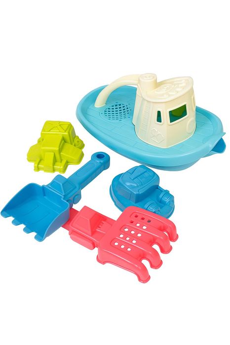 Plażowy zestaw do zabawy 5 elementów łódka łopatka grabki 2 foremki