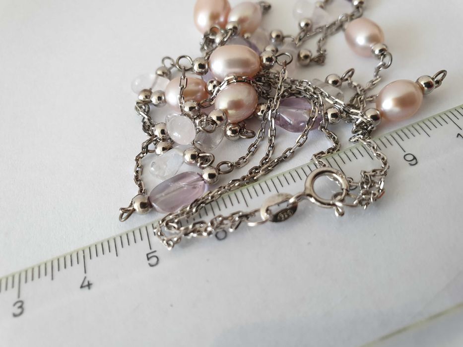 Zestaw Komplet: naszyjnik kolczyki Serbro 925 Perły Ametyst