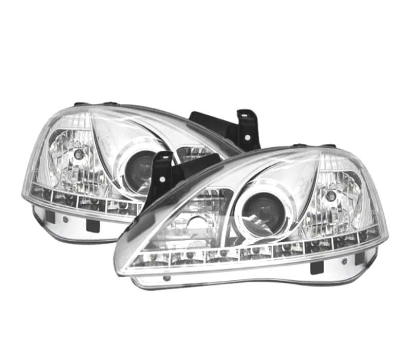 FARÓIS FRONTAIS PARA OPEL CORSA C LUZ DIURNA LED 00-06 FUNDO CROMADO
