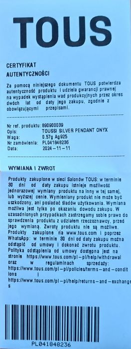 Srebrna zawieszka tous Onyx