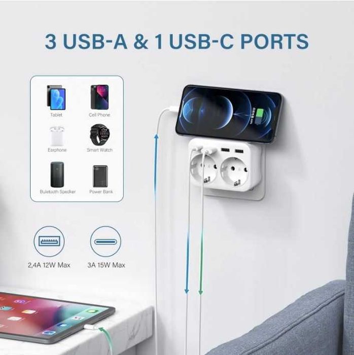Tomada de parede dupla com USB e USB Type-C
