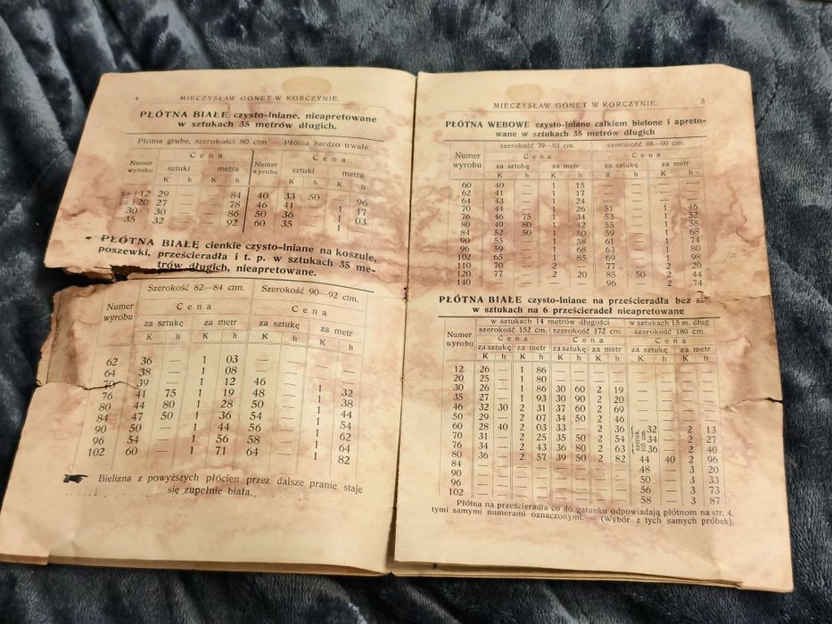 Cennik towarów tkackich z 1912