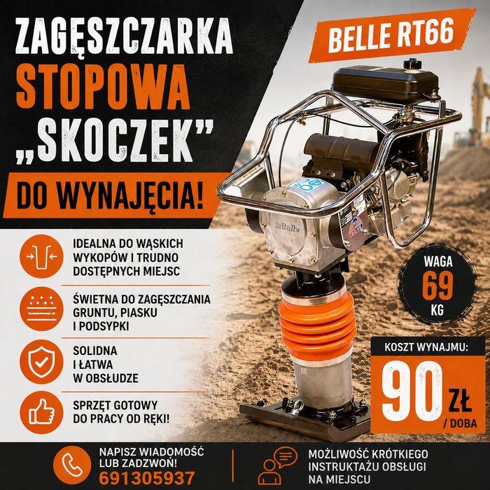 Wynajem zagęszczarka gruntu 80-400kg z przyczepką, młoty 3-42j i inne