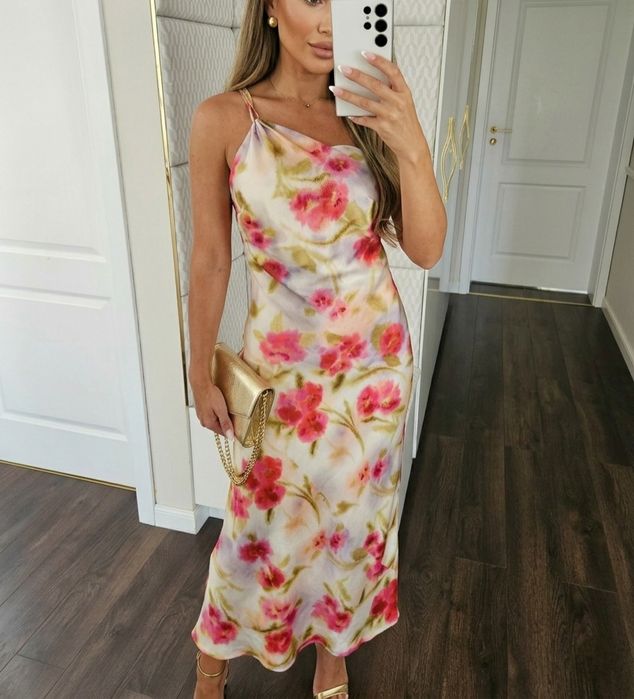 Sukienka maxi w kwiaty wiskoza odkryte plecy na jedno ramie Topshop 38 m