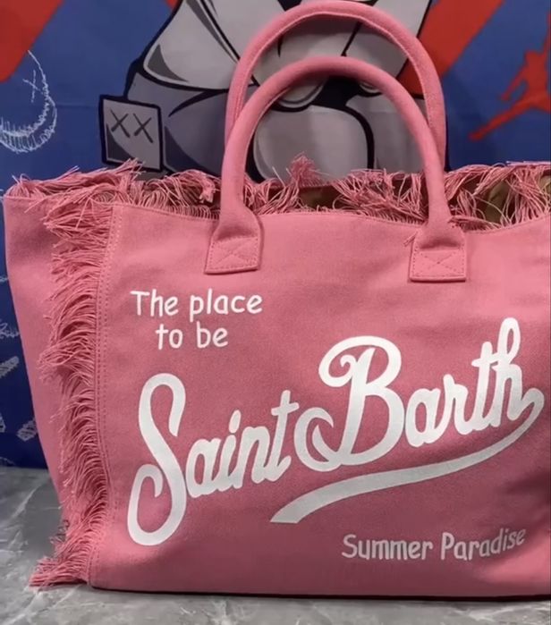 Пудрова Рожева Пляжна сумка шопер MC2 saint barth з бахромою та білим принтом