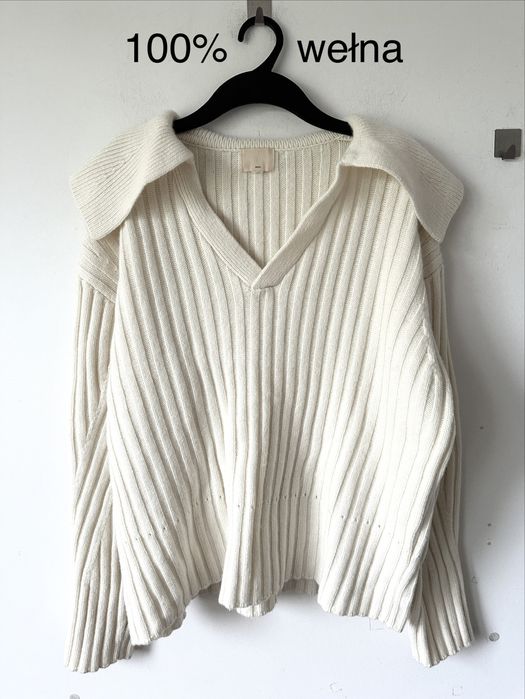 H&M premium 100% wełna wełniany śmietankowy sweter gruby prążek duży kołnierz wool oversize