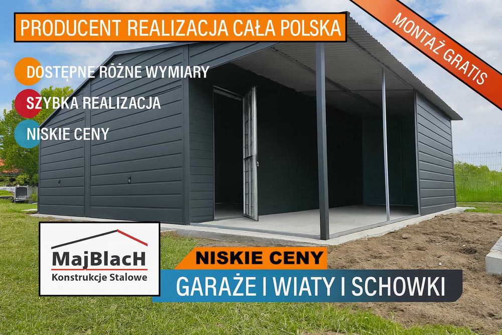 Ładny Garaż Blaszany GRAFITOWY z zadaszeniem bocznym -Maj-Blach