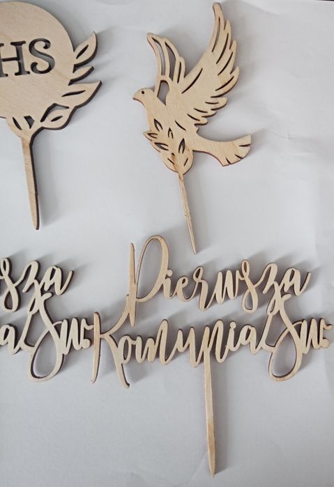TOPPERY TOPPERY na tort babeczeki na Komunię Botaniczne 6szt drewniane
