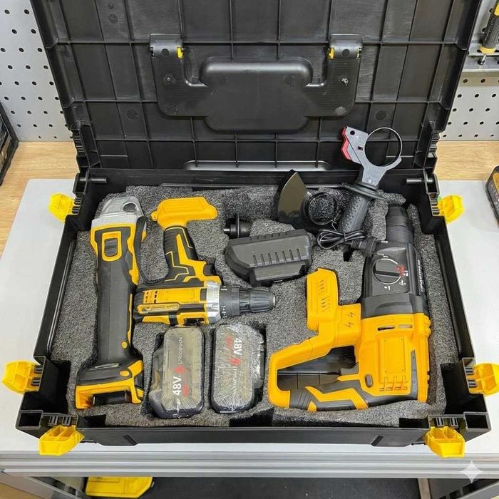 Акумуляторний набір інструментів DeWalt 3в1 48V: перфоратор, шурупокрут, болгарка 125 мм, 2 АКБ 6.0Ah, кейс