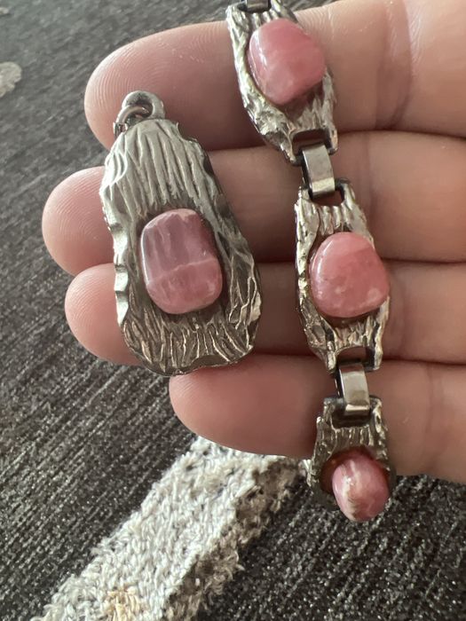 Rodonit różowy bransoletka wisiorek komplet