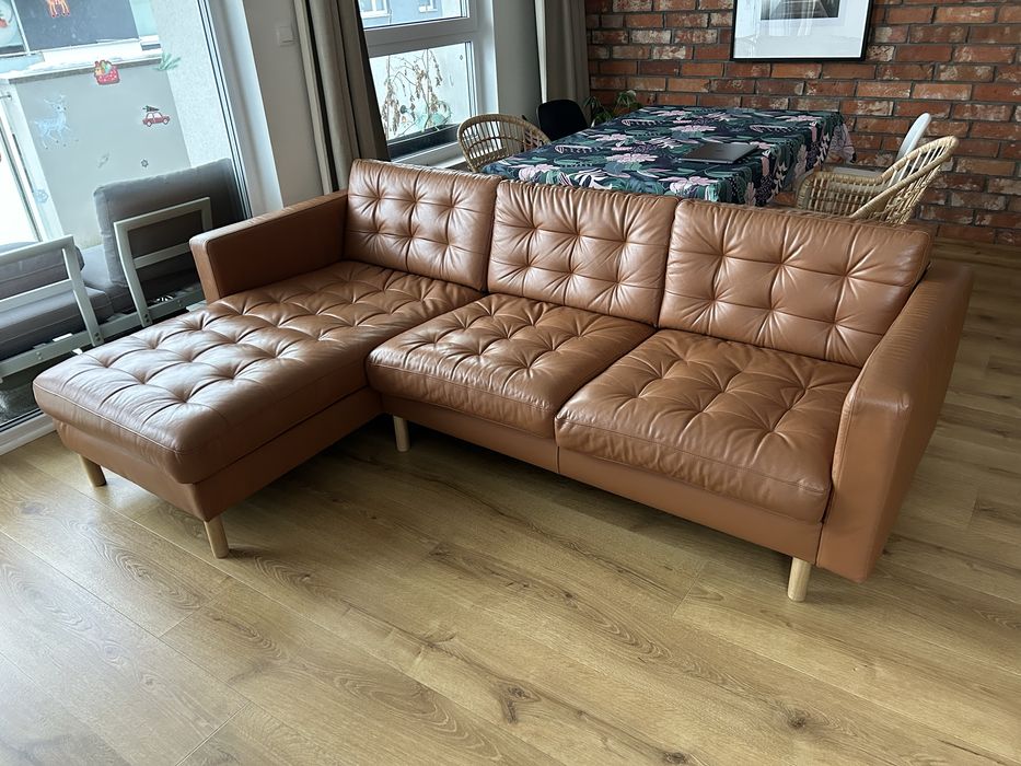 Skórzana sofa Ikea Landskrona z szezlongiem kolor camel, stan idealny