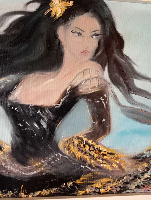 Quadro bailarina de negro a óleo