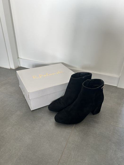 Botki Kozaki R. Polański 39 Skórzane Zamsz Skóra Czarne Obcas Słupek