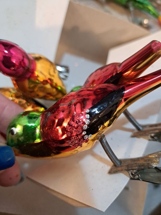 Bombki szklane ptaszki na klipsie unikat retro styl prl