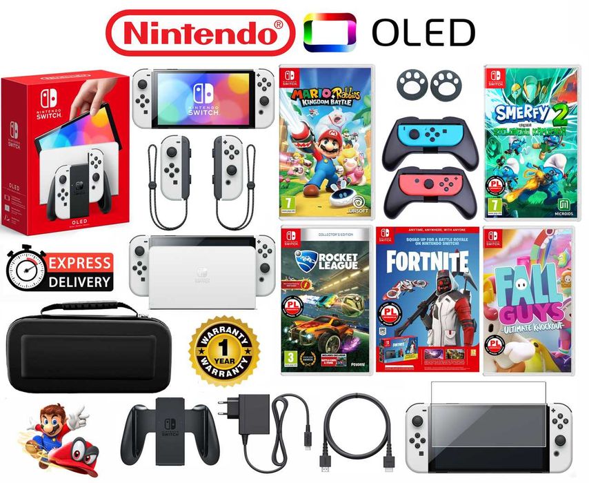 Nintendo SWITCH Oled 64GB + 4 gry + etui + 2 grip + szkło + ROK gwarancji