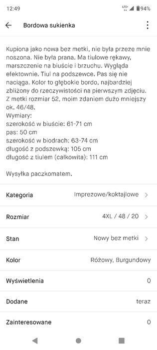Bordowa sukienka koktajlowa rozmiar 46/48