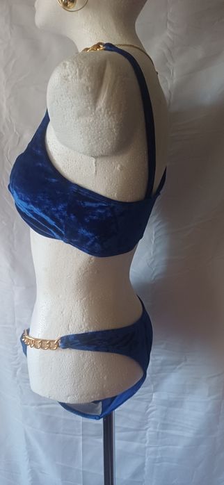 Strój kąpielowy SHEIN welurowy niebiesko-złoty bikini NOWY