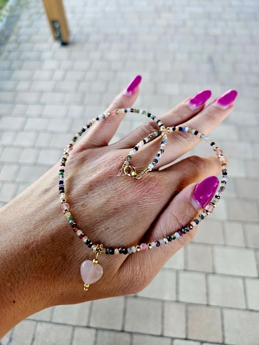 Naszyjnik Choker kamienie naturalne Kwarc różowy Hematyt