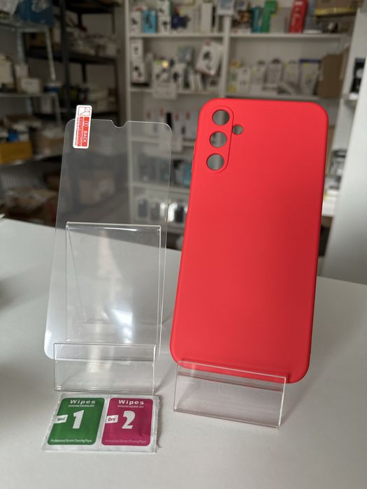 Szkło hartowane + etui silikonowe czerwone SAMSUNG A14 4G/5G