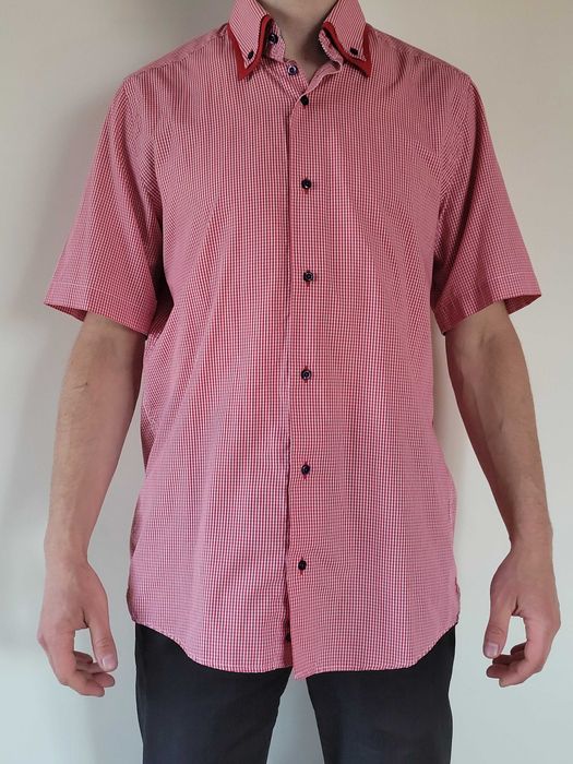 Czerwona elegancka koszula w drobną kratkę z krótkim rękawem M / 39-40