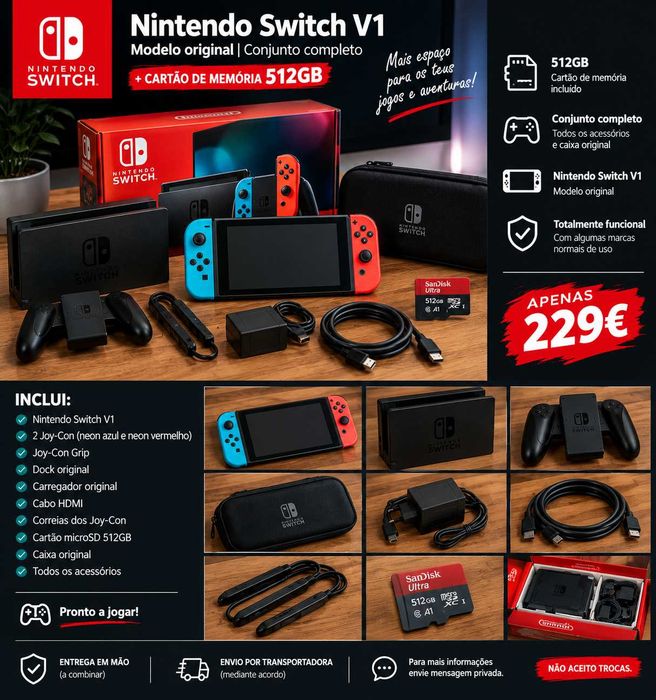 **Nintendo Switch V1 + acessórios completos + cartão microSD 512 GB**