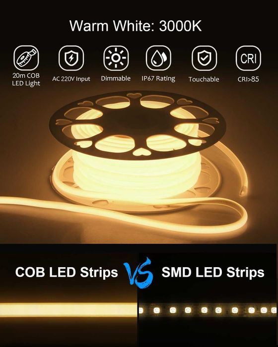 Taśma LED COB ALITOVE 230V 10m 2700K ciepła wodoodporna z pilotem