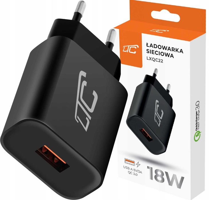 szybka Ładowarka sieciowa QC 3.0 USB 3A czarna 5V/3A, 9V/2A, 12V/1.5A