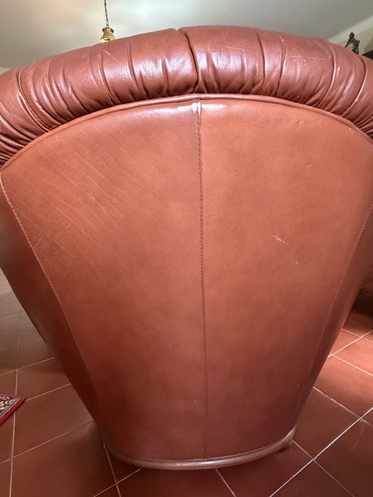 Sofas em pele. Castanho e detalhes madeira