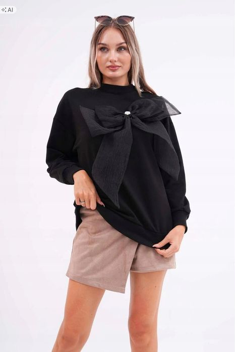 Czarna bluza damska z dużą ażurową kokardą elegancka l 5ia