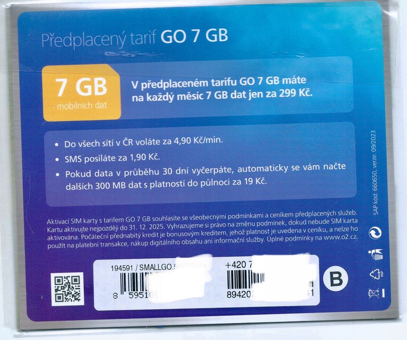 O2 Czeska Karta SIM bez rejestracji 50 Kč 7GB UE