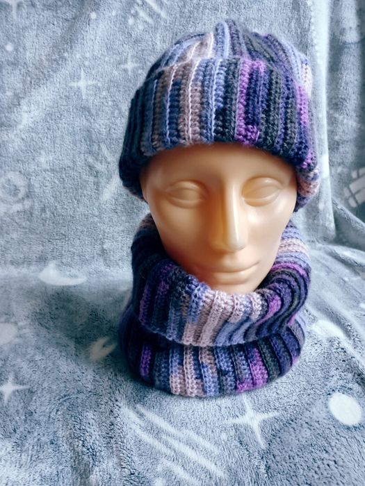 Handmade czapka Smerfetka + komin fiolet mix