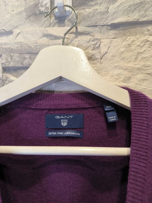 Sweter Wełniany Gant Wełna Fiolet Logo Serek Męski