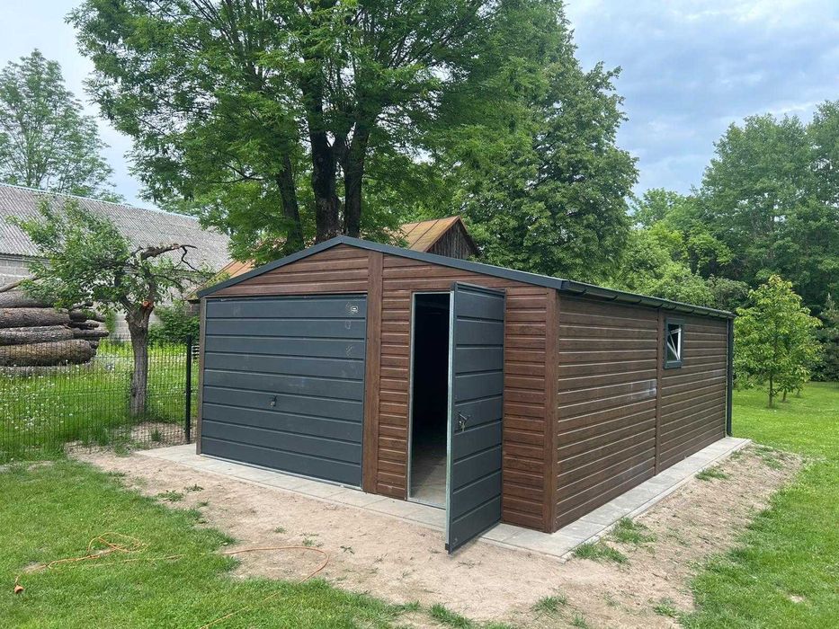 Garaż Blaszany dwuspadowy 5×7 Ciemny Orzech PREMIUM