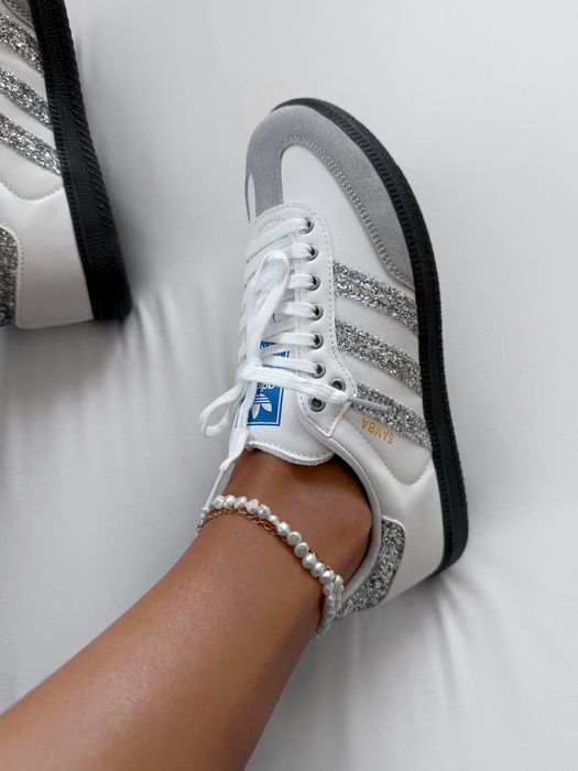 ХІТ СЕЗОНУ! Adidas Samba White Glitter Shine 36 37 38 39 40 41 адідас самба білі глітер сірі