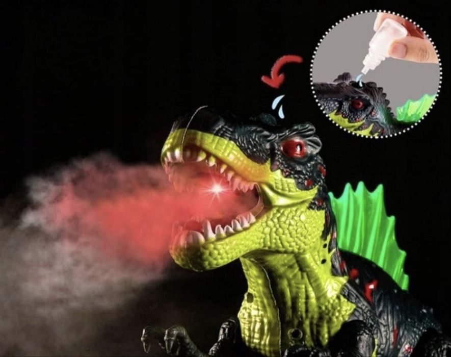 Zielony dinozaur chodzi, wydaje dżwieki