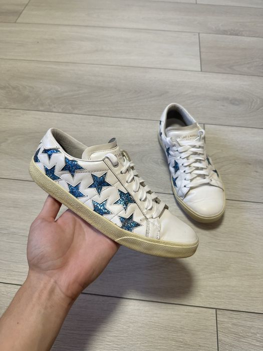кеди saint laurent 37  | Saint Laurent White/Blue Leather And Glitter Court Classic California Sneakers Size 37