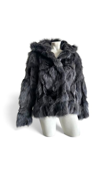 futro naturalne lis z kapturem czarne szare real fox fur jacket