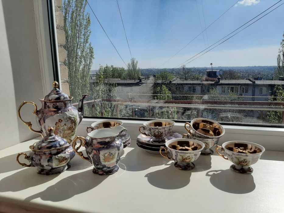 Кофейный сервиз Мадонна синий мрамор/золото