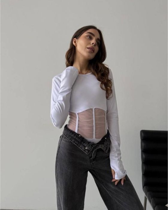Стильний боді на кнопках, білий, корсет